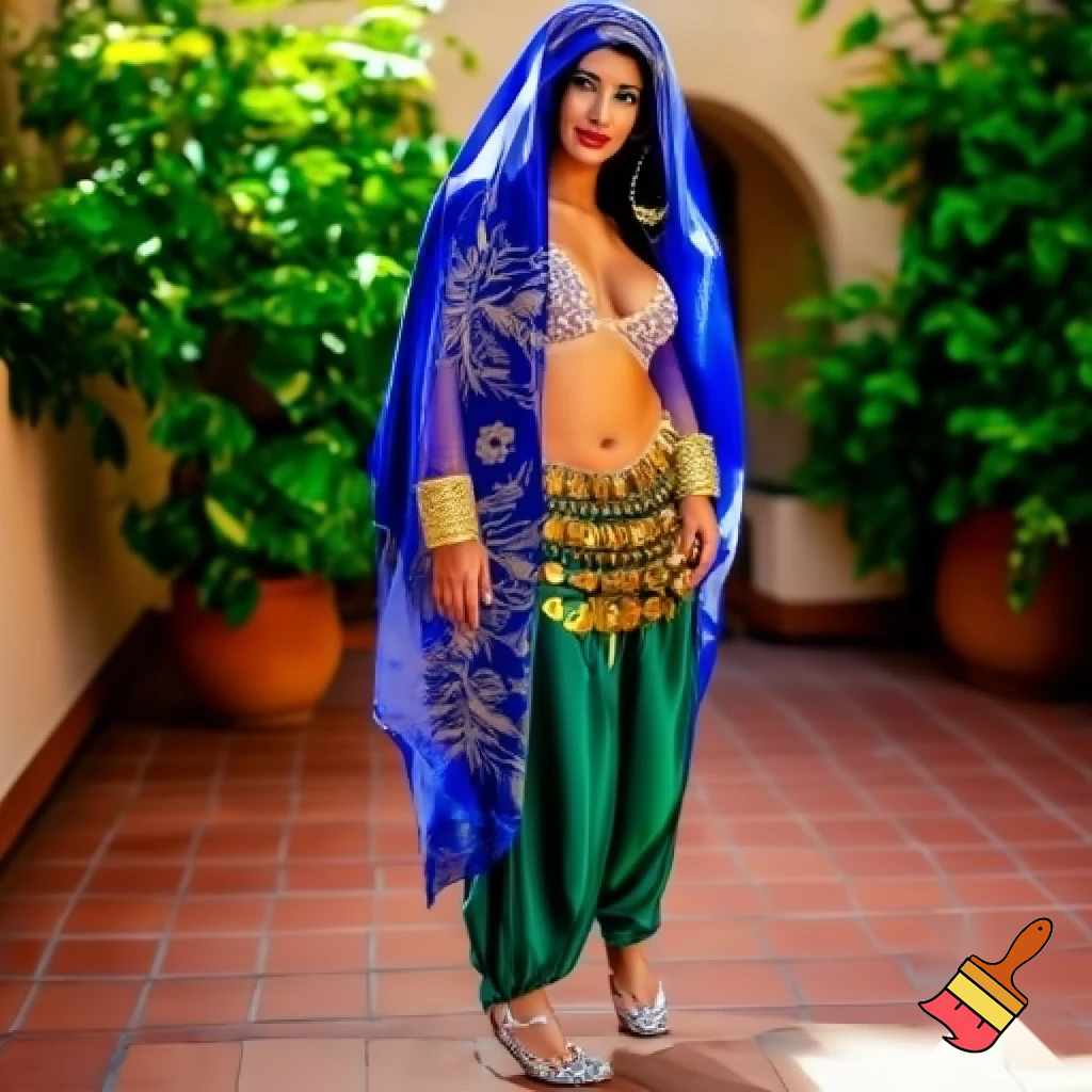 Attractive Moroccan woman wearing a headpiece with a small crescent moon charm, a veil, ornate cuffs, a bejeweled bra, a coin belt, harem pants and ballroom dance shoes in California 