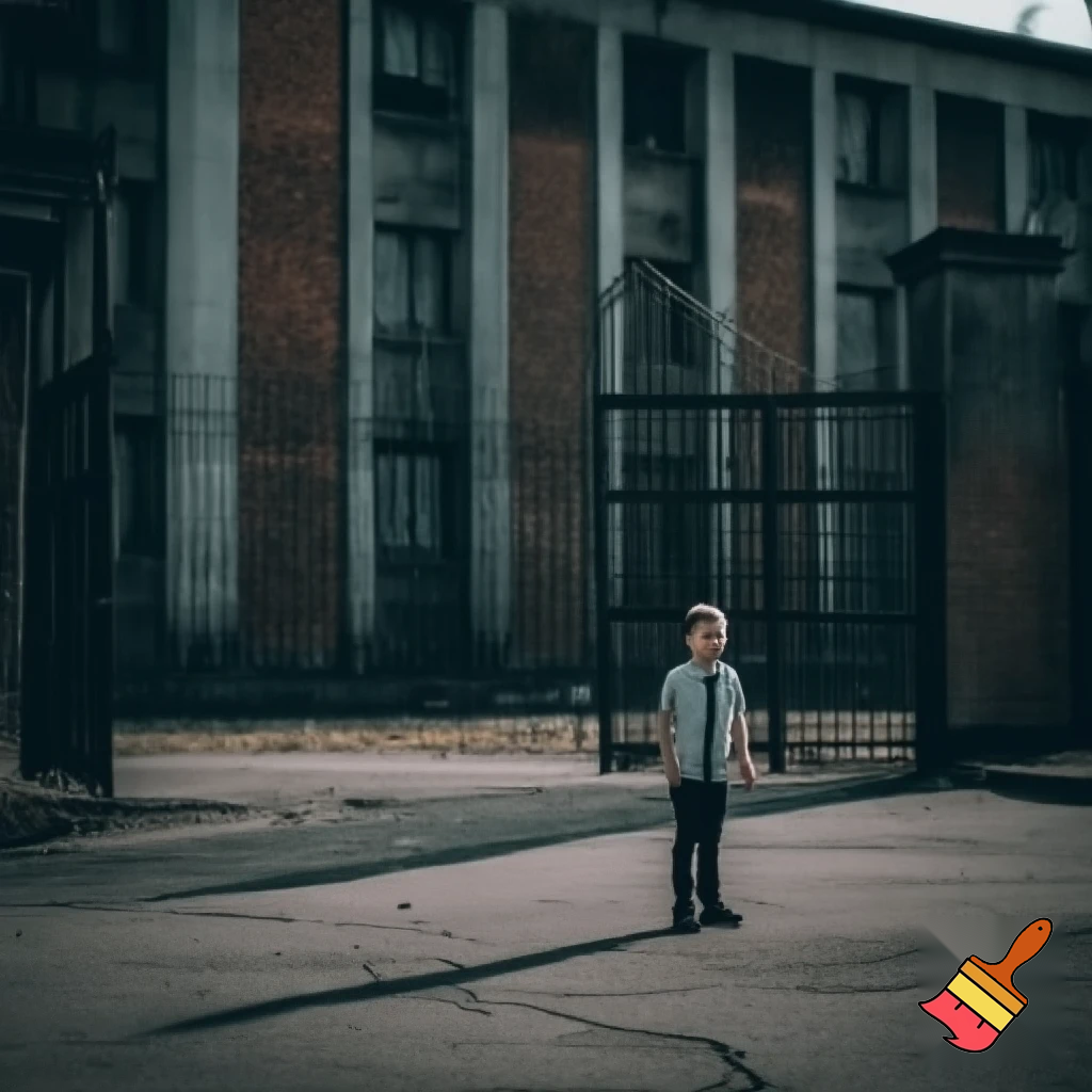 A boy is outside of the gates of his new school and he scared and school looks like prison