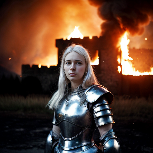 young white-haired woman in armor stands in front of a burning castle into which meteor are falling