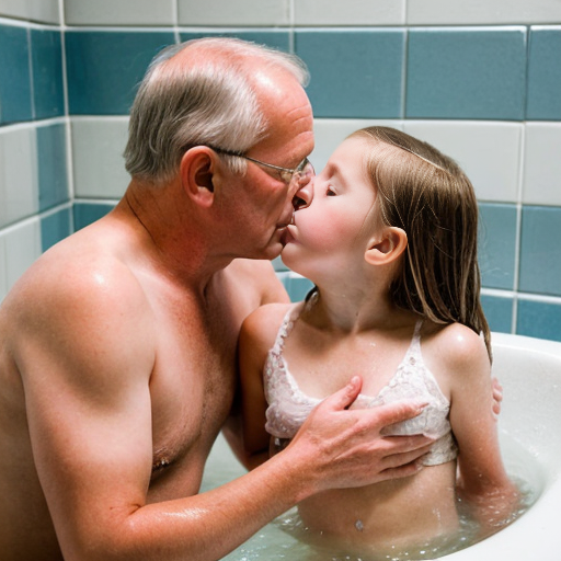 Crea la imagen real en alta definicion de una niña rubia de 8 años con su padre en la tina de baño desnudos besandose
