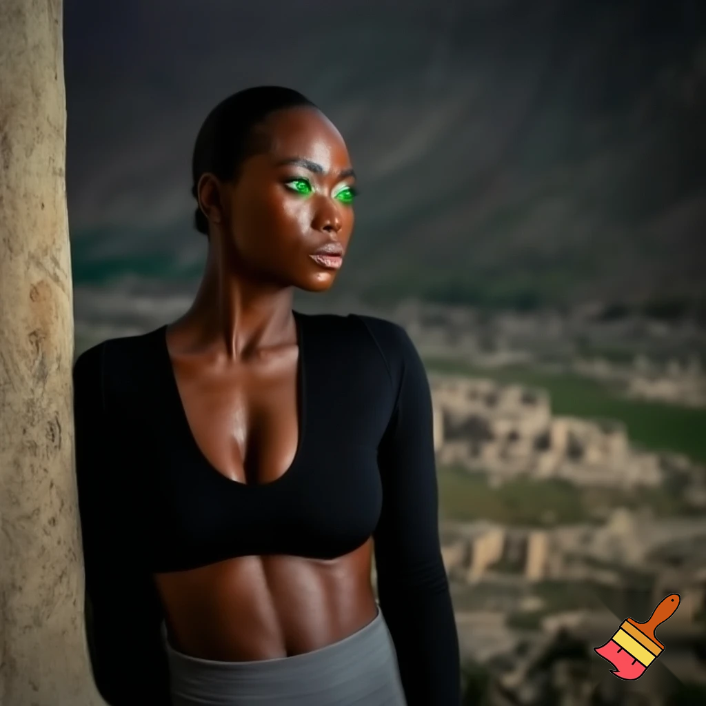 Hyper realistic portrait in natural light, subject is a 27's red woman with green eyes , statuesque physique with a large but well-weighted breast, a black top, gray miniskirt and a sculpted ass, full-length person from head to toe, on a railing overlooking a mountain valley with ancient ruins, illuminated by soft diffused light from the side; extremely detailed skin texture with visible pores and micro contrast; neutral and faithful color rendering; shallow depth of field with smooth, creamy bokeh; 85mm f/1.4 lens; strong sense of physical presence and three dimensionality; realistic colors with no excessive saturation; advanced sharpness on eyes and facial features; medium format style photographic quality, professional studio feel, authentic and unposed atmosphere, hair tied back, bokeh, she's looking the horizon and leaning against a column.