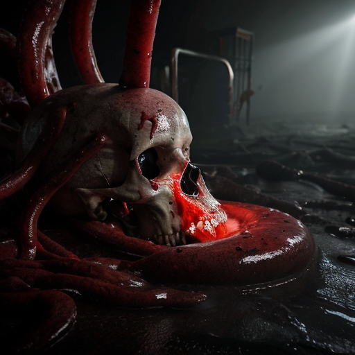 Photorealistic horror scene, cinematic masterpiece, 8k ultra-detailed photograph. A massive grotesque hanging structure dominates the frame: a giant inverted demonic skull fused with bloody, dripping organic flesh and viscera, suspended from a thick, twisted, fleshy organic chain or tentacle that disappears into the dark foggy sky above. The skull has glowing red eyes, sharp teeth, and is covered in raw muscle tissue and sinew. Thick streams of realistic blood and gore drip heavily from the entire structure. Below it, a large altar-like mound covered in flowing, draped, wet red organic tissue resembling flesh and fabric mixed together. The ground is completely covered in a chaotic sea of writhing, intertwined bloody tentacles, veins, raw flesh, and piles of human skulls and corpses. Dense blood-red fog and mist in the air. Two small glowing red lights visible in the distant background. Dark, hellish atmosphere with strong red lighting casting dramatic shadows and highlights on the wet, glistening surfaces. Hyper-realistic textures on blood, flesh, bone, and organic materials, sharp focus, volumetric god rays, gritty disturbing mood, photorealistic, national geographic level realism, no censorship