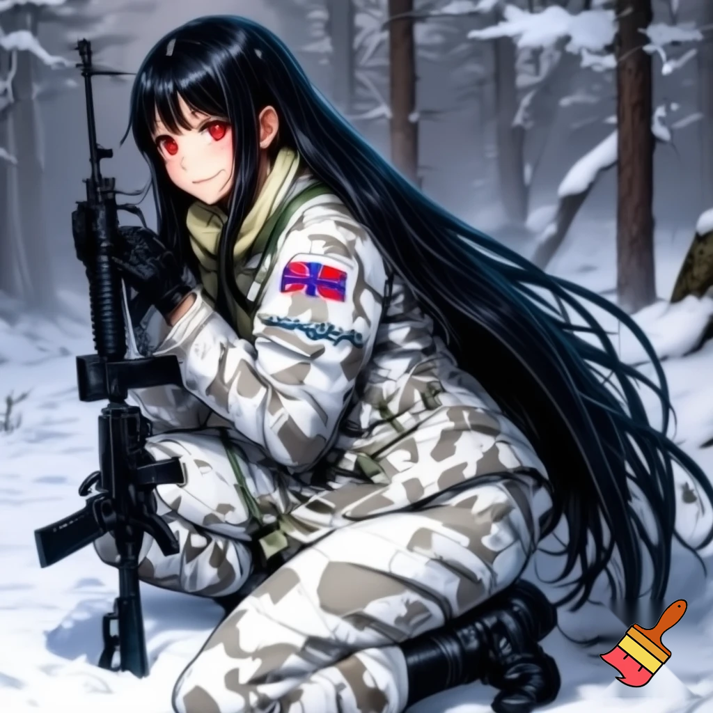 realistic colours, zoomed out veiw. large eyes looking to the left behind the camera, long black hair, red eyes, 19 years old girl. wearing white military camo clothing, jacket and pants  with british sas flag on the sleeve, kneeling in snow, holding a rifle. anime stye 