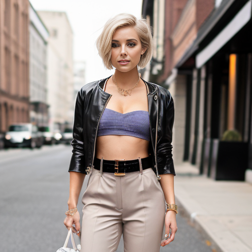 Attractive woman with an ash blonde pixie cut and a slim build wearing bold makeup, minimal jewelry, a cropped jacket, a bandeau top, cigarette pants with a belt, and peep toe chunky heels 