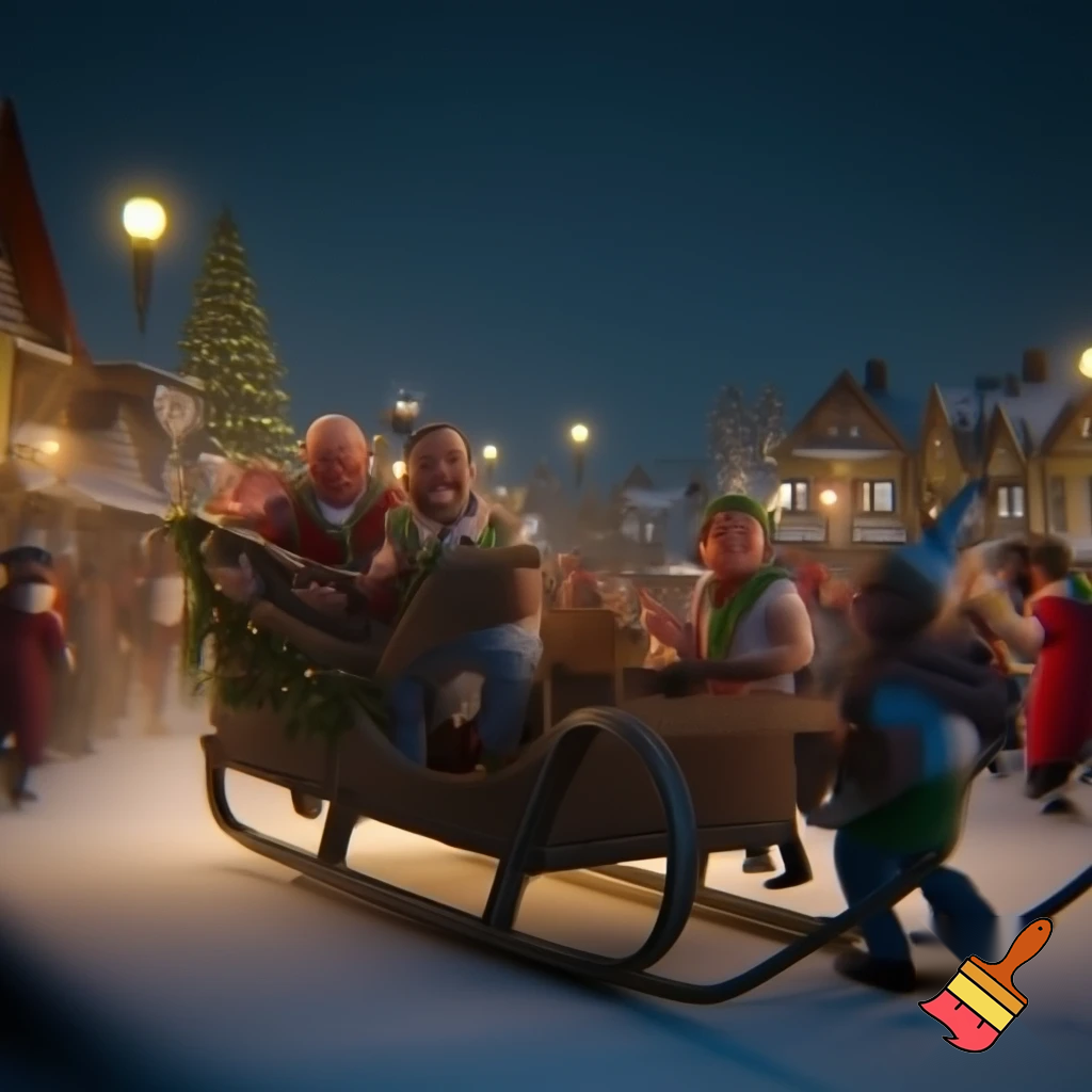 Un traineu  de noël qui vole tout  seu lance de la musique  et tout  le  monde  danse  du village