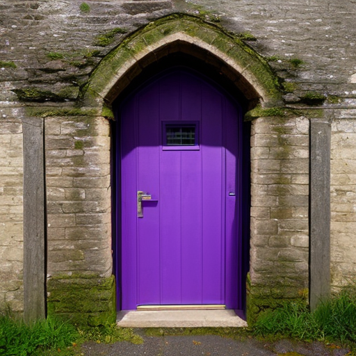 Oak door under a medieval bridge with purple portal inside 