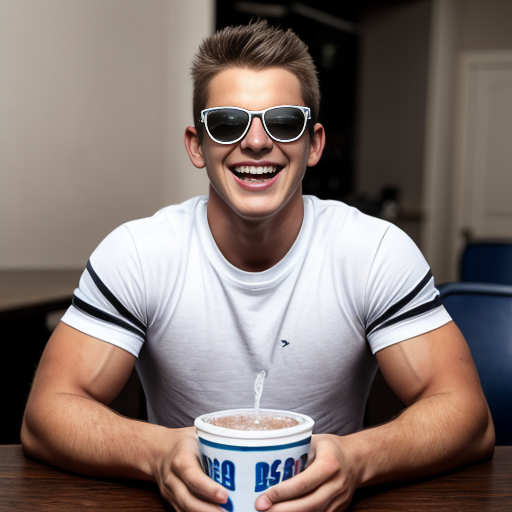 5 Jacked strong lean 20 year olds men wearing with bully clothes so cool and sunglasses and all of them are wearing white t shirt with dark blue jeans and they are all smiling and laughing in a dark room with party lights on (no one else in the room) (2010s color photo) (realistic photo with a slight shaky effect) and it looks like there is soda on the table. 