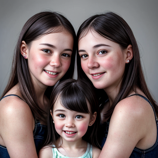 Generate a family photo of 2year old year old triplet girls with black hair make sure they have black hair
