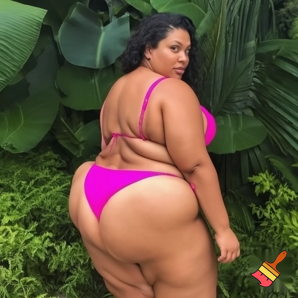 
Let's say a chubby woman in her 30s, wearing only the top part of her pink bikini, that is, her bra. Her back is turned to the camera and her hips are completely exposed