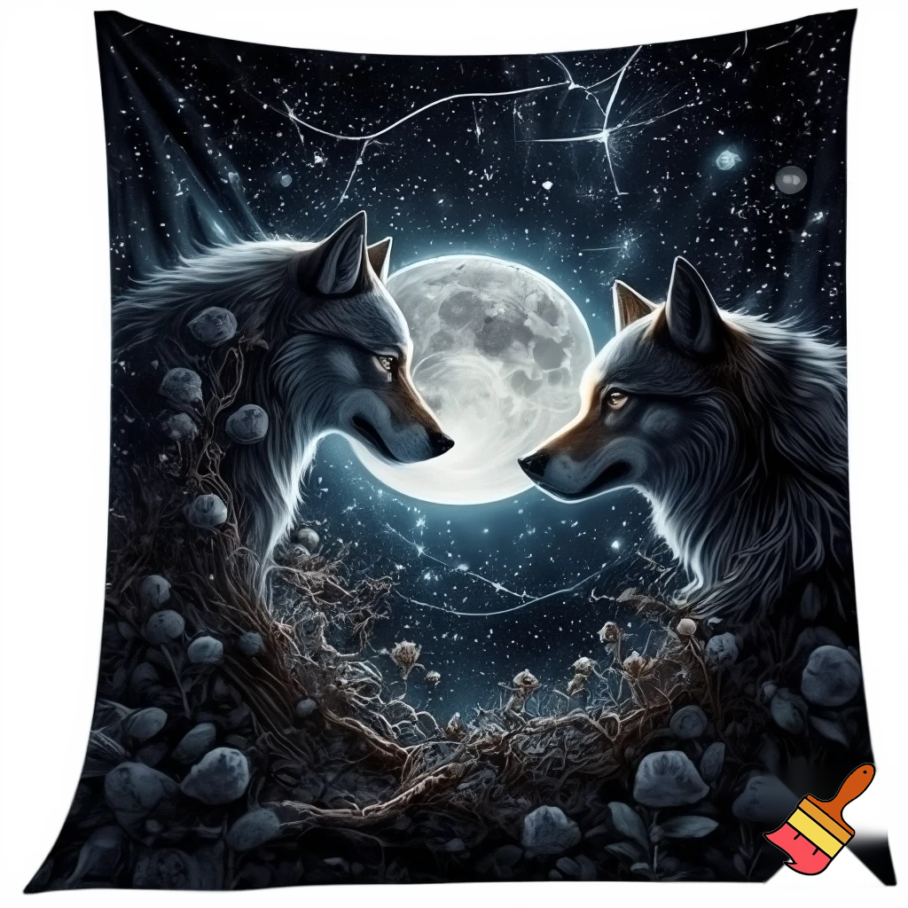 Mystical illustration for a 50x60 inch blanket. Two wolves face each other under a large glowing full moon, rendered in a detailed, dramatic style. Surround the scene with abundant roses, thorny vines, stars, and celestial symbols such as crescents, constellations, and mystical markings. The artwork should fill the entire canvas edge-to-edge with no borders or frames. Composition should feel magical, ethereal, powerful, and richly detailed, suitable for a high-quality blanket print on a solid black background.