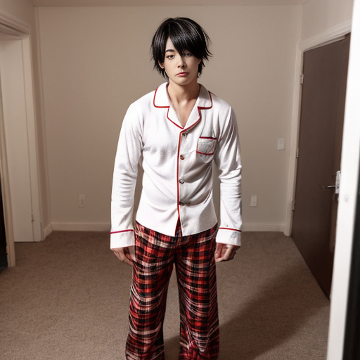 a anime boy
 with red plaid red pajama pants and white shirt standing up


