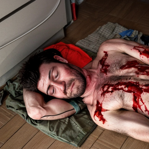 A shirtless random man (neighbor), face are hiding by shirt, died already, chest open wounded, blood everywhere, eye closed, floor on corpse.