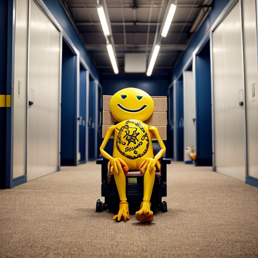 A creature with a yellow smiley ball for a head and a rusty, distressed red metal barrel body stands at the center of a corridor in the Backrooms. It has thin, wire-like arms with white gloved hands, springy legs, and worn-out shoes. The Backrooms environment features endless hallways, yellow patterned wallpaper, fluorescent ceiling lights, and a dirty, worn carpet. A cardboard box and a chair can be seen in the distance, while dust motes float in the air. The perspective is a full-body shot.