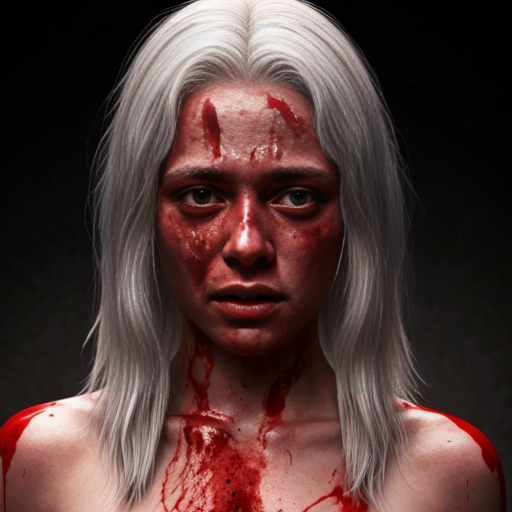 Young white-haired woman in a bloodbath