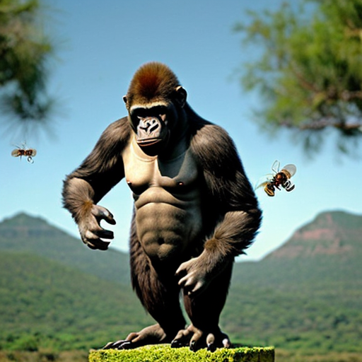 Mutant gorilla    

This animal is an animal with gorilla black head and legs, neck like giraffe and body like dinosaur. This creature lives on the island of the bees in the south Africa. That means he has bee’s wings too... It can eat lizards, spiders, snakes and obviously insect. It already lives like more than 2000 years before our era, and it is not in the museum because it's very dangerous. 

 