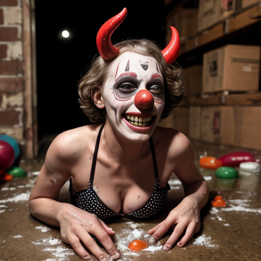 a grotesquely vibrant basement party frozen in mid-decay—sticky floors littered with shattered liquor bottles, crumpled beer cans, and smeared makeup. Under flickering red bulbs, three ancient women in sagging floral bikinis lurch across the room, their wrinkled bodies glistening with sweat under 1950s rubber Halloween masks—one a leering devil, another a weeping clown, the third a grinning cat with peeling paint. A toppled statue of Satan lies cracked near a puddle of vomit, its horns snapped off and cradled by a passed-out clown in smeared greasepaint, his polka-dot pants soaked in cheap whiskey. The walls drip with something that isn’t water, and in the corner, a half-eaten birthday cake swarms with flies, the frosting spelling out "HELP" in shaky cursive