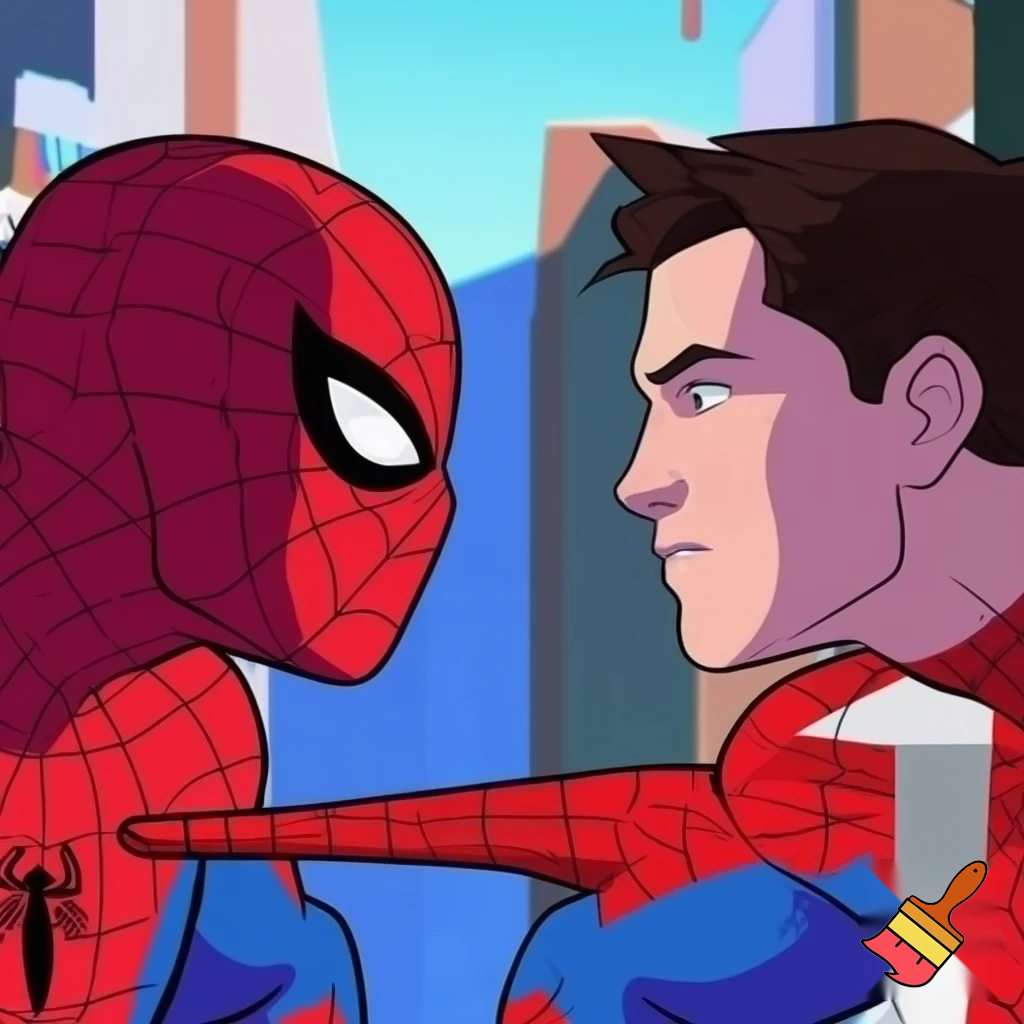 Spider man pointing at another version of himself positioned at the opposite side of him. Cartoon art style.
