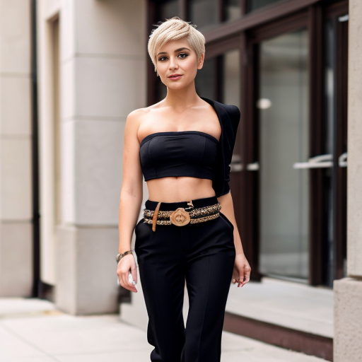 Attractive woman with an ash blonde pixie cut and a slim build wearing bold makeup wearing a cropped jacket, a bandeau top, cigarette pants with a belt and peep toe chunky heels 
