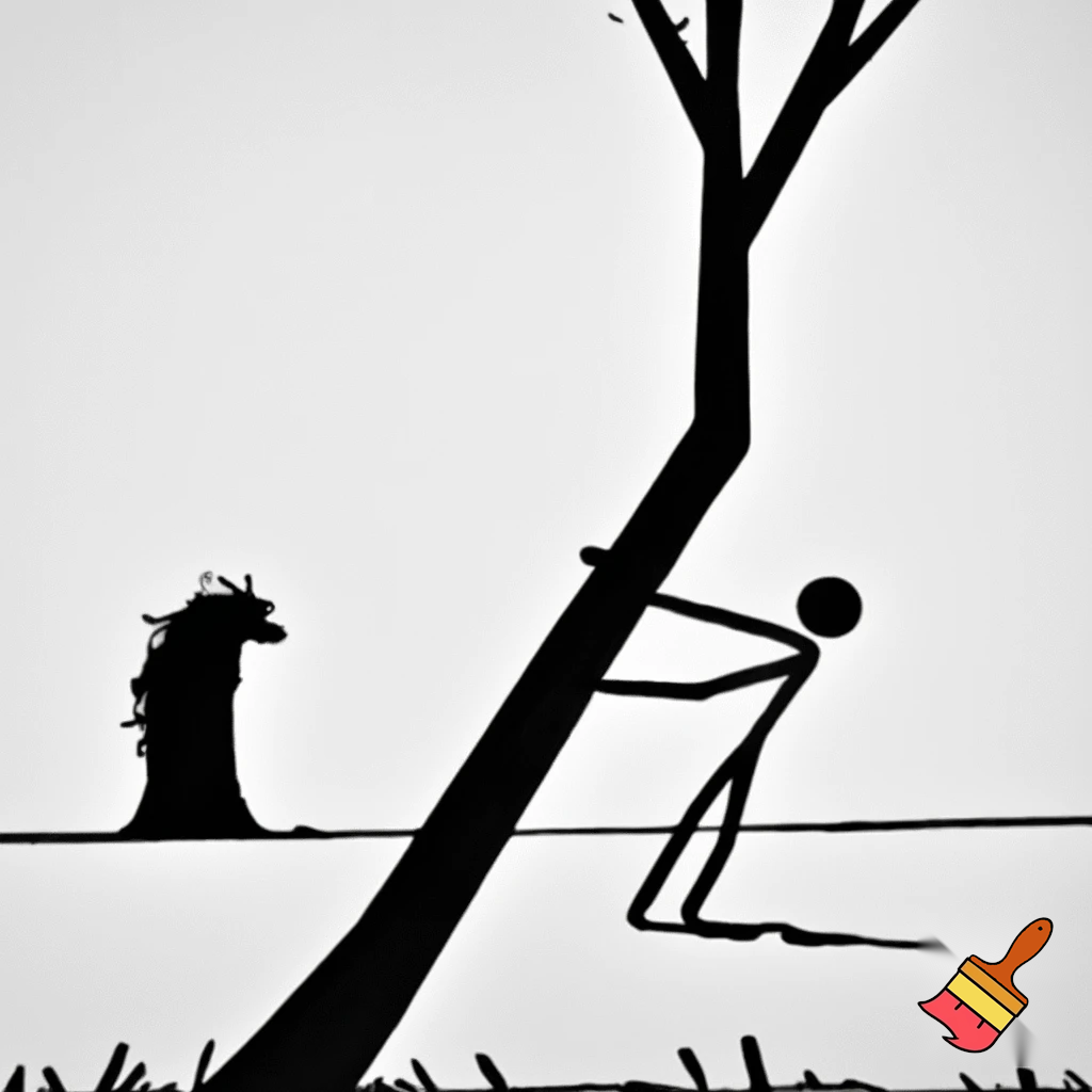 Ancient human survival

Stick figure hiding behind tree, predator in distance, black and white, minimalist, xkcd-style, survival concept illustration