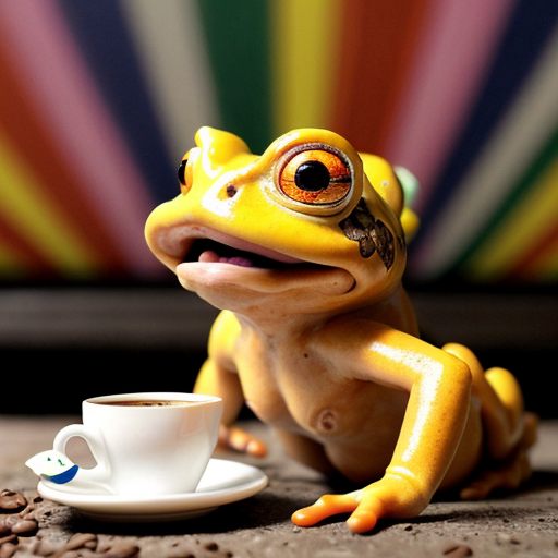 A hillarious, funny boho toad with some hippie colored coffee cups. Psychedelic decorated background, hyperrealistic. Close-up view.