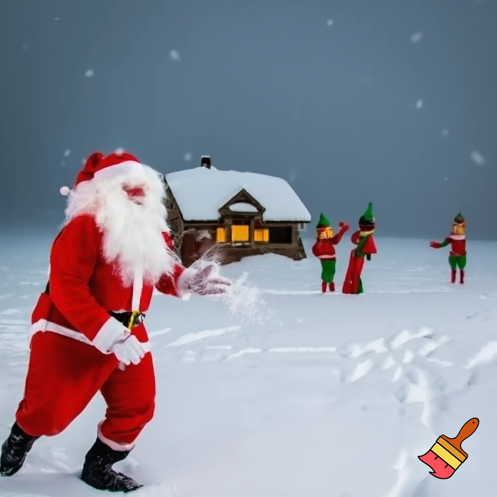 Santa Claus plays snowballs with the elves.
The landscape is that of the North Pole, with Santa's house visible in the distance.