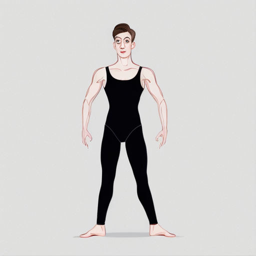 Männlicher Ballettänzer gerade stehend von vorne mit langer Leggins als minimalistische karikaturhafte Zeichnung wie mit dickem schwarzem Filzstift auf weißem Hintergrund