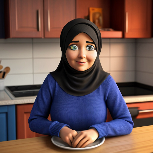 Мультяшный 3D стиль Pixar, упрощённые мультяшные черты, яркие дружелюбные цвета, уютная кухня. Мусульманская мама 35-40 лет, полностью покрыта голубым платьем, которая не выделяет широкое платье, округлое мультяшное лицо, большие простые глаза, готовит на плите. Сын, 20 лет, синяя толстовка, чёрные джинсы, короткая мусульманская причёска, мультяшное лицо, большие выразительные глаза, сидит за столом. Постоянный персонаж, одинаковая одежда и причёска, повторяемый дизайн персонажа, кинематографическое освещени.