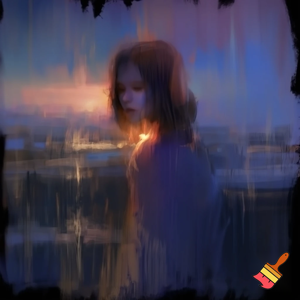 draw a picture of a woman who is feeling hope for external validation. The tone is emotionally haunting because internal validation is more fulfilling than external. Provide a variety of styles, such as oil, watercolor, abstract, impressionism, but not cartoon or photo realistic. Also offer a variety of settings such as outdoors, cityscape, residential, garden, space, technology, water, etc. 