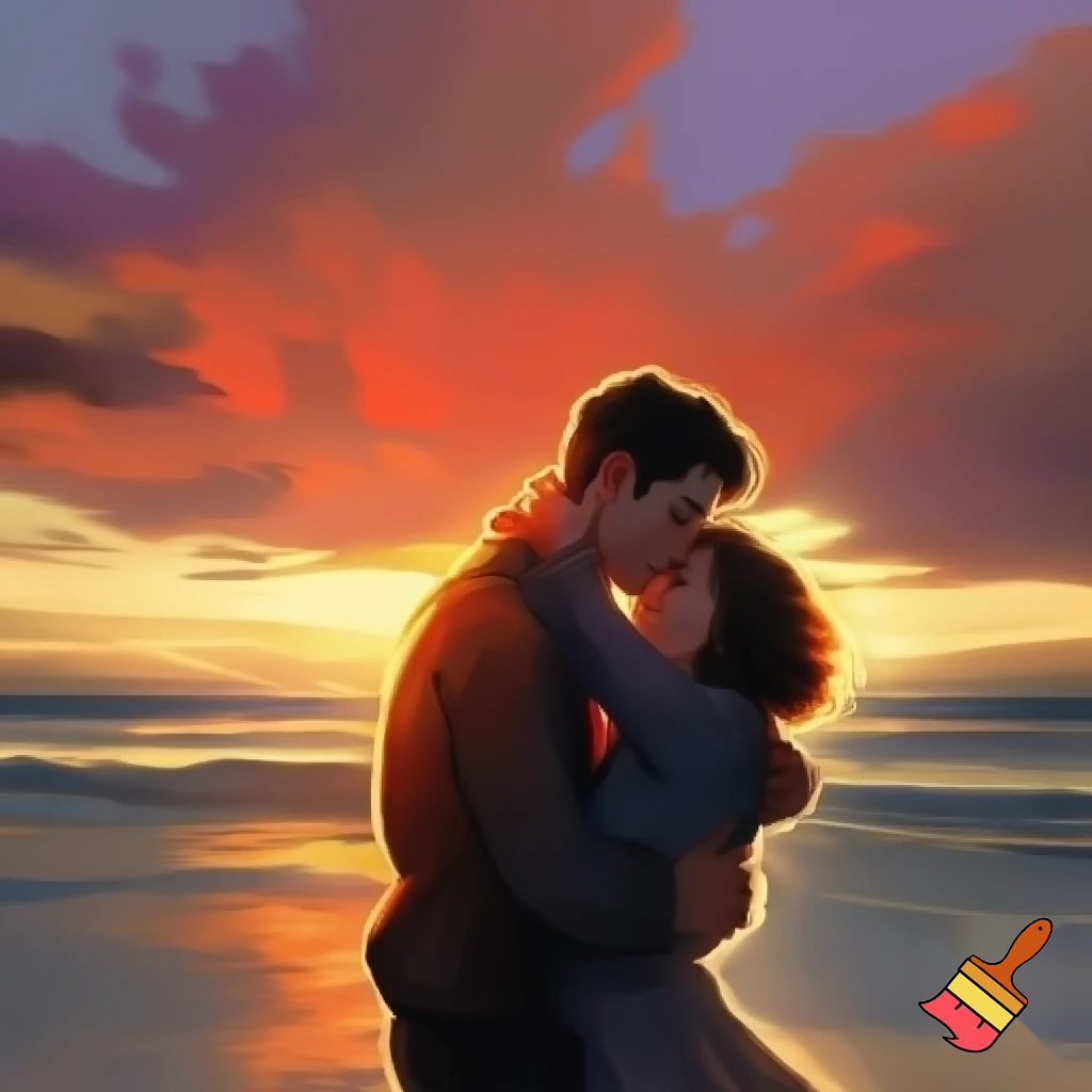 An image of a man with his wife on a sunset hugging themselves 
