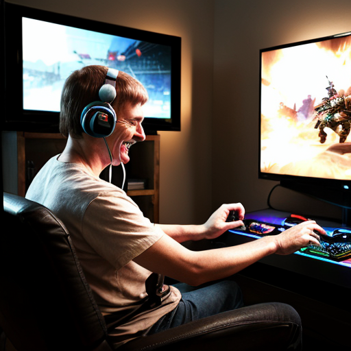 Create an image about an adult playing video games nostalgic and happy at the same time.
