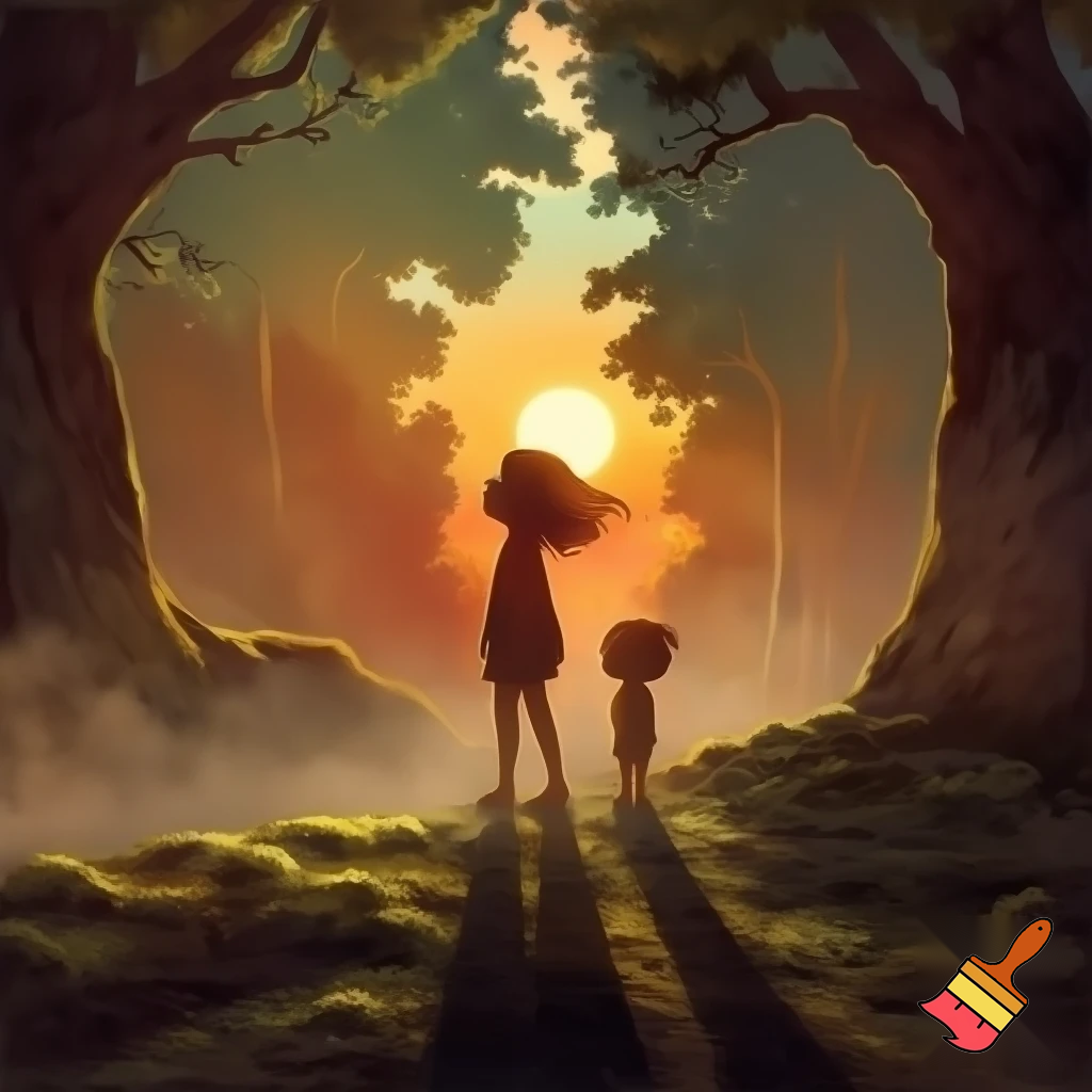 Two kids one girl one boy back to back in a sunset forest