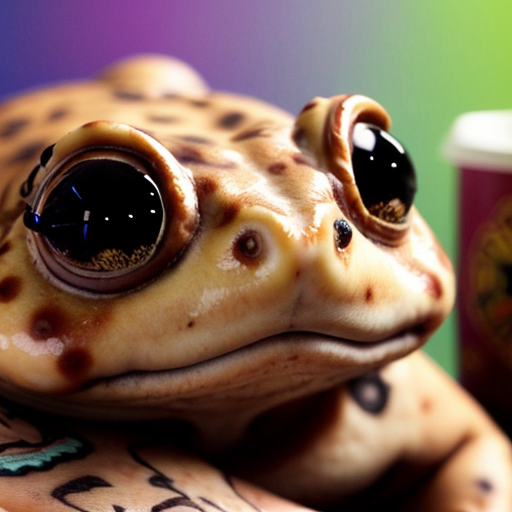 A hillarious, funny boho toad with some hippie colored coffee cups. Psychedelic decorated background, hyperrealistic. Close-up view.