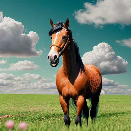 Horse with pink flowers in braid of horses hair in a green field with blue sky and cloud

