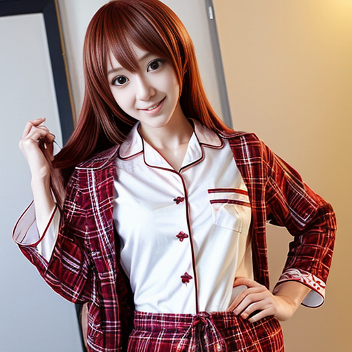 a anime girl with red plaid red pajamas and white shirt



