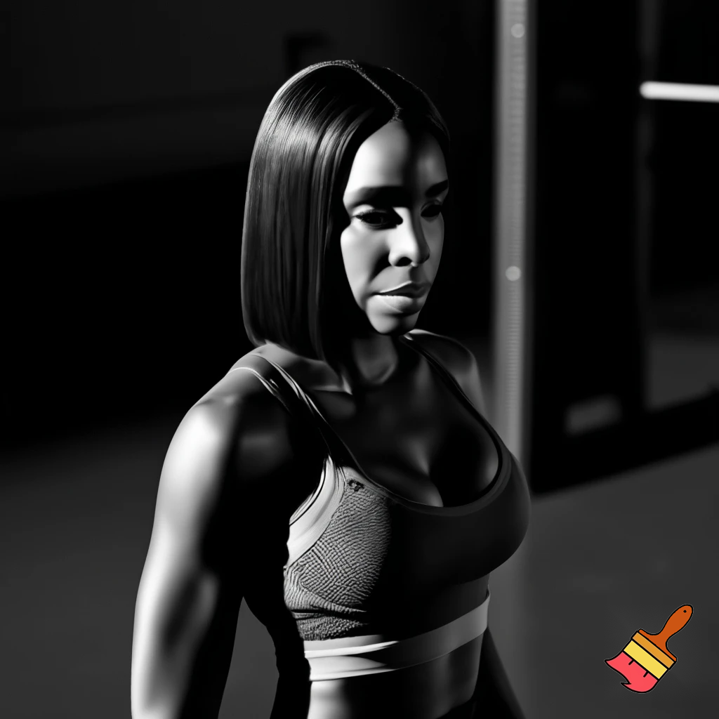 Black and white image of Kelly Rowland with a brown sleek middle part bob hair wearing A Grey and black camisole working out