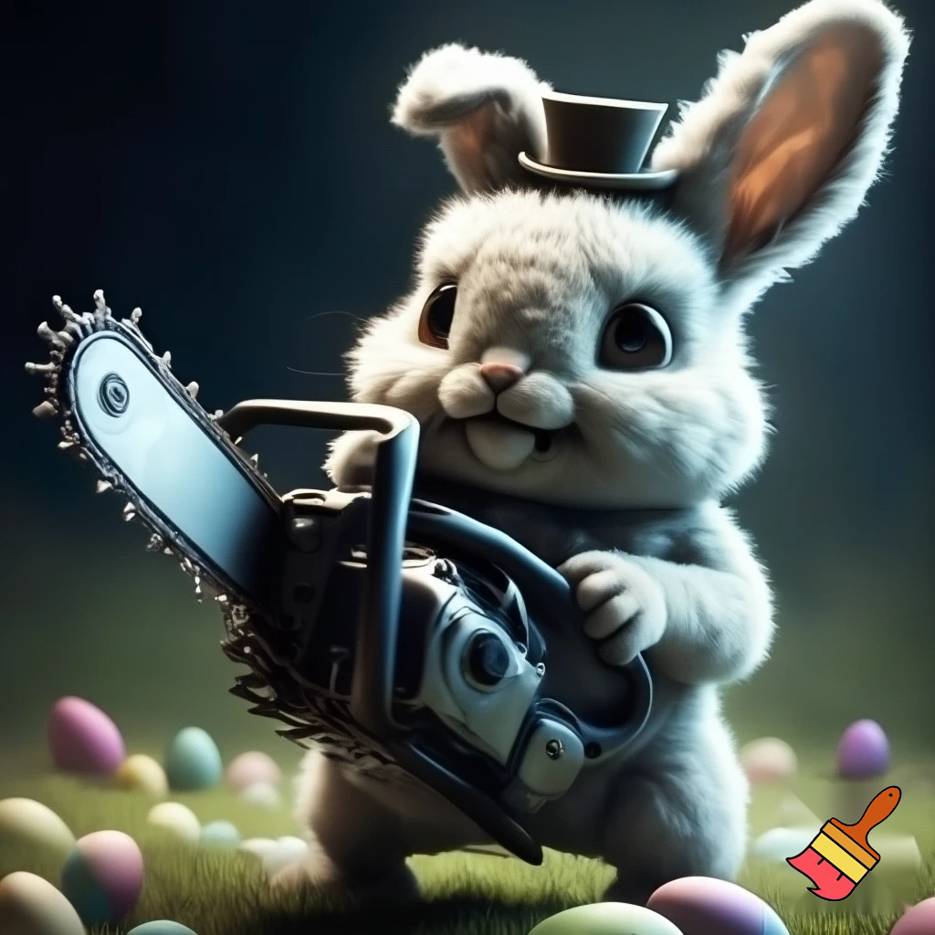 Easter bunny with the top hat Easter bunny mascot costume with a chainsaw a Easter bunny