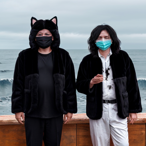 3 witch doctors with long furry black jackets and white face mask with hallow black  eyes and dressed with pants with messy hair next to the sea 