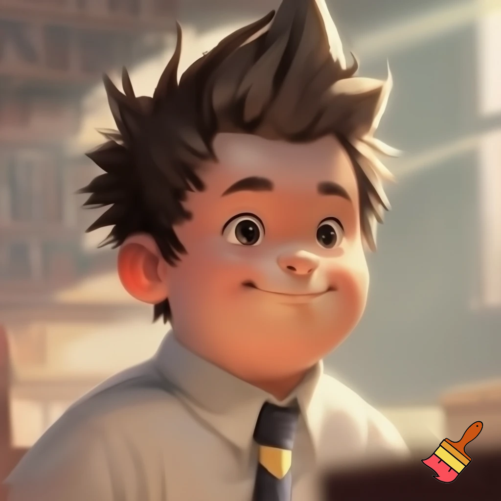 A young boy with short whipper sniper haircut spiky hair , chubby in school uniform 
