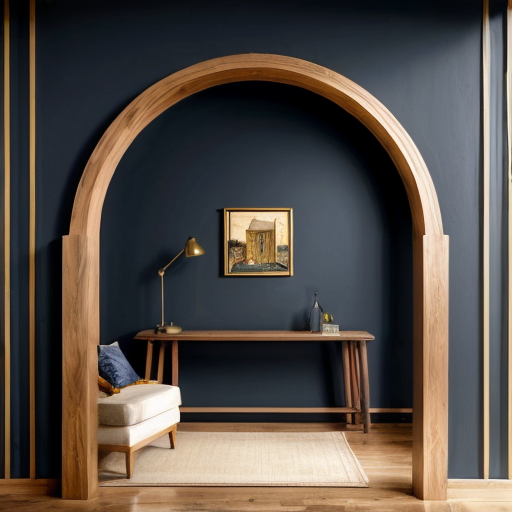 Dark blue wall with mdf arch With subtle details in gold and wooden slats under the arch and painted dark blue