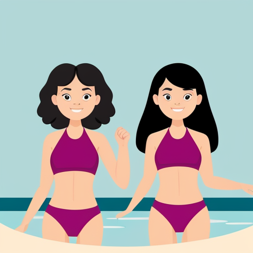Two young small girls, one with dark skin, black curly hair and red two-piece swimsuit, and the other with light skin, blonde straight hair and blue two-piece swimsuit, they are playing in the sea, cartoon-style bold line work, vibrant colors, cel shading