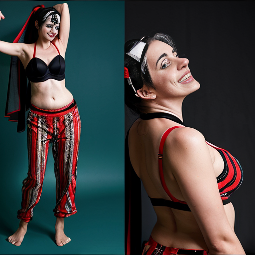 90's disney's 2d aladdin style comic dark blue background and panels of panel 1 a black and red striped cobra slithering then it hears music while it's hood is up which triggers the loop of it's body. 
Panel 2 and eventually the black and red striped cobra transforms into Harley Quinn barefoot with black and red striped harem pants and bra and veil wrapped around her arms and shoulders. 
Panel 3 Harley Quinn barefoot with black and red striped harem pants and bra and veil wrapped around her arms and shoulders with both hand palms place together and hiding the bottom of her mouth, 
panel 4 she danced barefoot with black and red striped harem pants and bra veil wrapped around her arms and shoulders and raising legs and bounced up and down her belly and shook her hips left and right. panel 5 as Harley Quinn barefoot with light black and red striped harem pants and bra and veil wrapped around her arms and shoulders spreading her arms, happily revealing her face to the viewer and giving a smile as she turns around swaying her big butt left and right. 
Panel 6 as Harley Quinn barefoot with black and red striped harem pants and bra and veil wrapped around her arms and shoulders did she faded away except her big butt. 