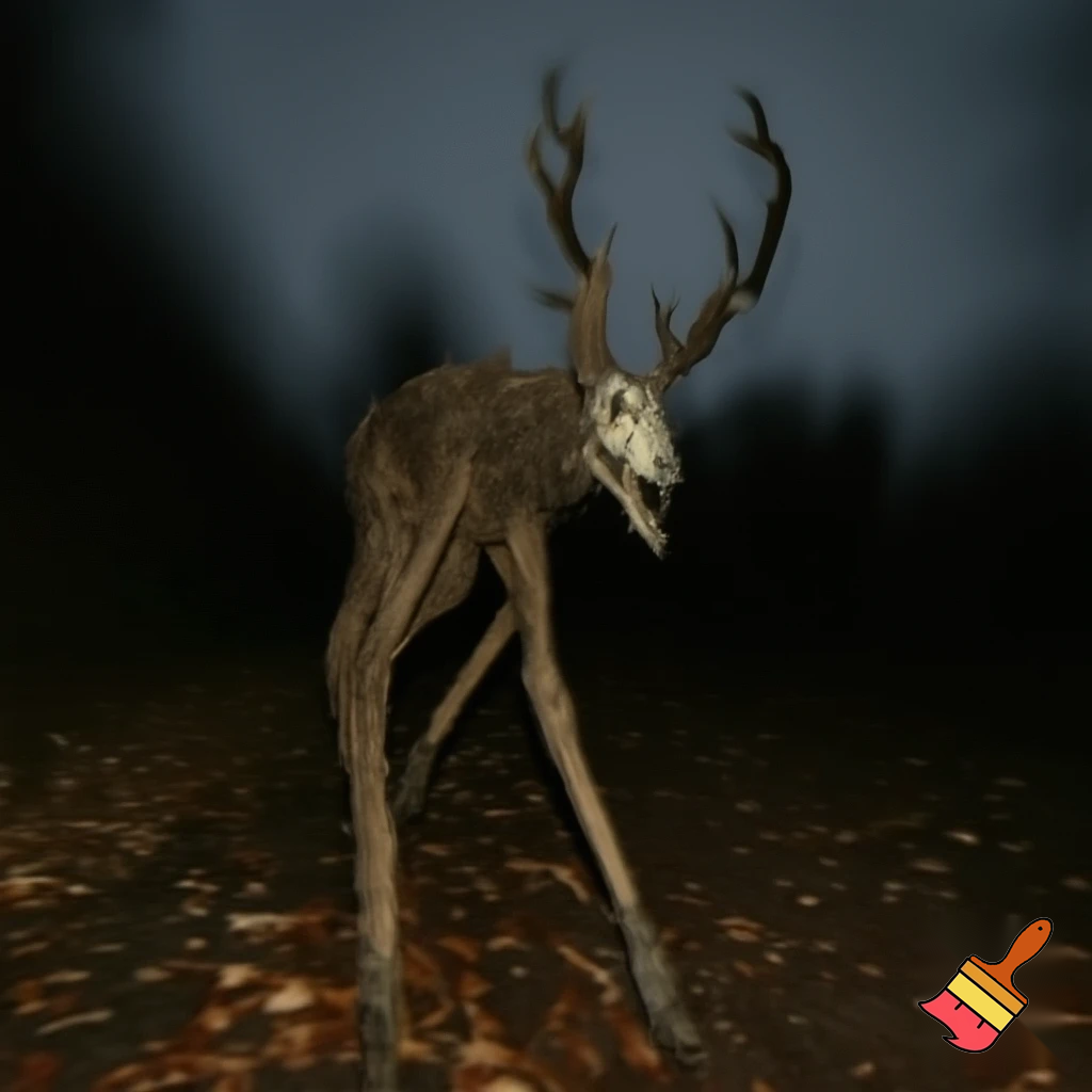 creepy dark photorealistic wendigo(deer) on trailcam