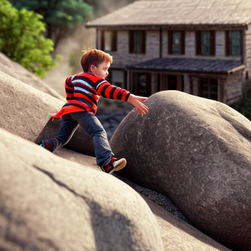 A boy running out of a fire on a small stone house