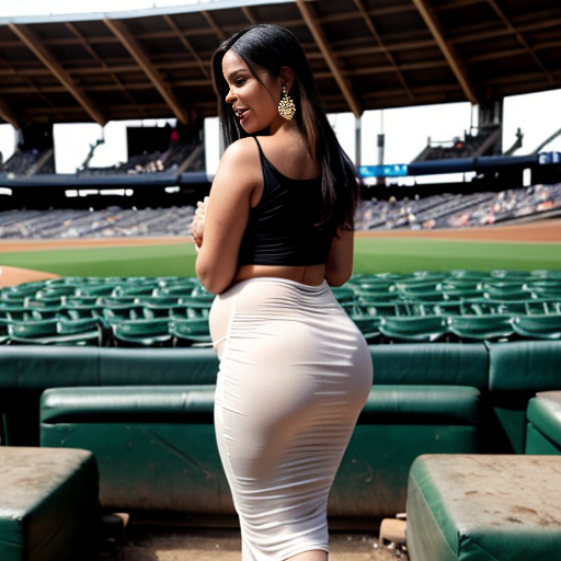 A photorealistic full body rear view from behind, of a nude voluptuous plus size 50 year old pregnant Arab woman looking over her shoulder; with dark tanned skin; very long straight black hair; a gold tiara, waist chain, and earings; standing and leaning over against the seats of a baseball stadium during a game. The woman has extreme sexualized unrealistic body proportions; with unrealistically large buttocks, hips, and breasts, and a very skinny waist. She drops her white draped flowing dress down to her ankles, to reveal her entire nude body with a focus on the woman's nude buttocks. The woman's face shows a mixture of happiness, pleasure, and exhaustion. A crowd of boys and girls cheer her on.