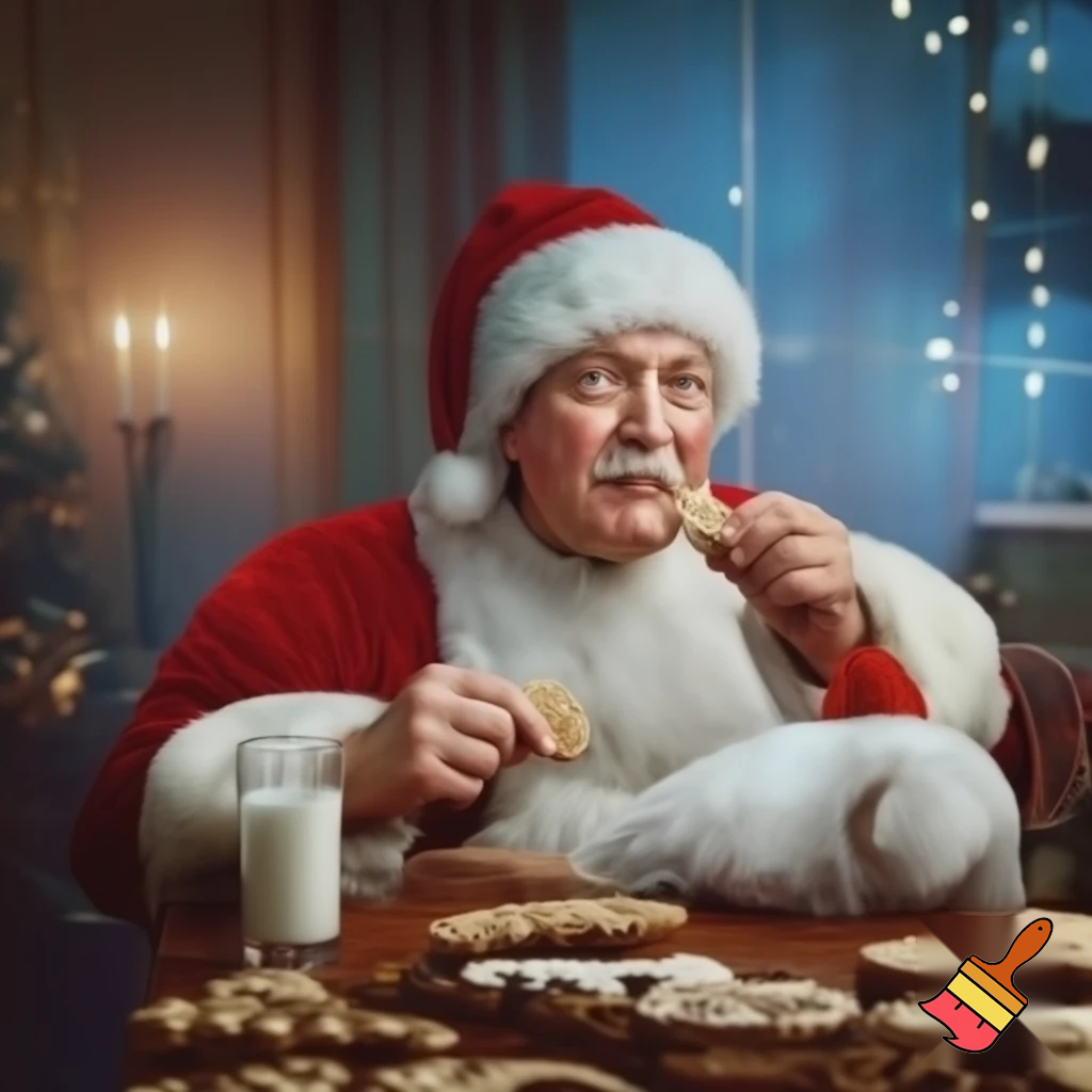 Adolf Hitler in a Santa suit eating cookies