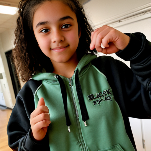 jeune fille de 15 ans métisse qui porte un jogging noir et un sweat shirt noir. se yeux sont verts. et elle peut lancer des rayons verts avec ses mains