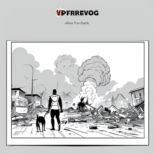 a super hero saving a dog from a bomb explotion. show a destroyed city in the baground up in flames 
