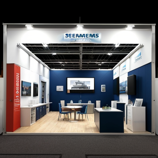  Crée moi un visuel d'un stand Siemens, dans un style réel, dans une ambiance salon avec du monde dans les allées. avec lumière artificielle. Dans un hall qui se trouve dans le parc des expositions de la porte de versailles à paris. en premier plan un panneau avec des produits siemens sur notre stand