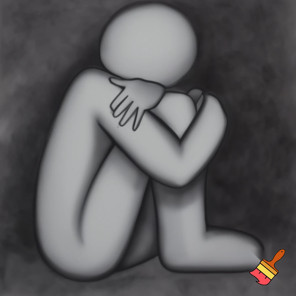 a figure sitting hugging there knees with hands pointing at them in charcoal