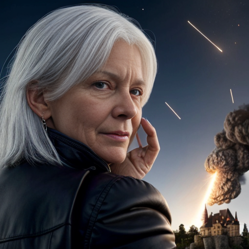 white-haired woman watches as meteorites fall on her castle